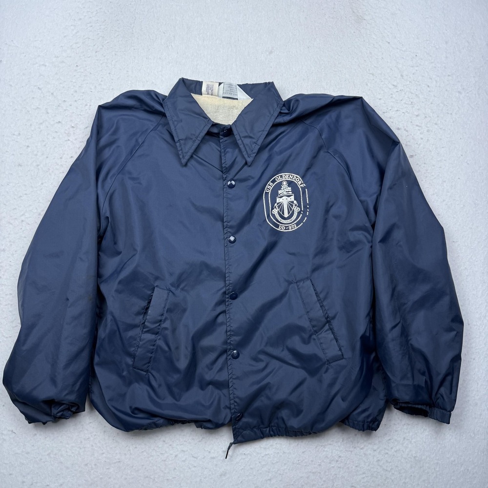 Vintage Velva Sheen Jacket Mens Large Blue USS Oldendorf Navy 565M Windbreaker